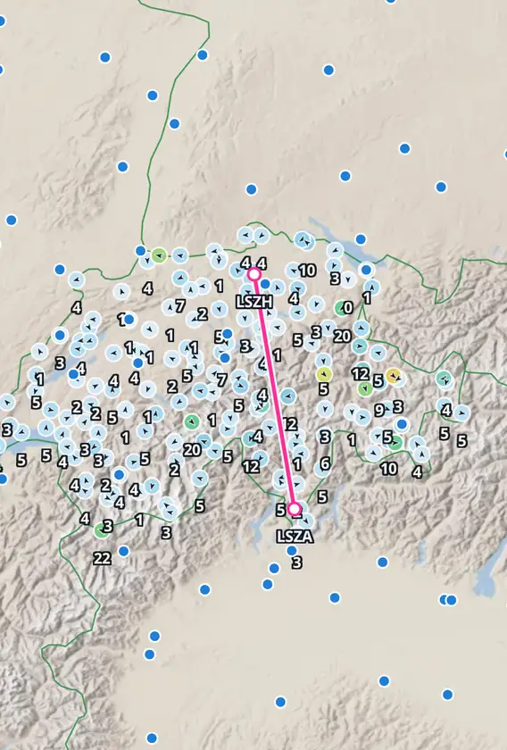 Map of the MeteoSwiss stations with the wind measured at the surface, and the Zurich–Lugano route