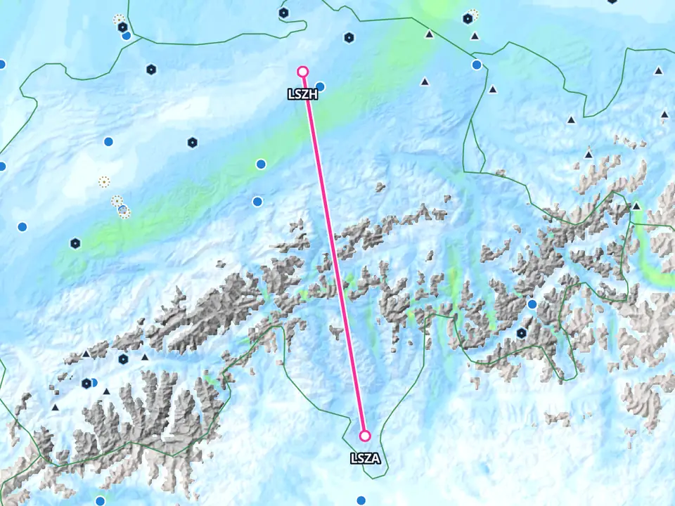 Wind map along the Zurich–Lugano example route, with time and altitude shown